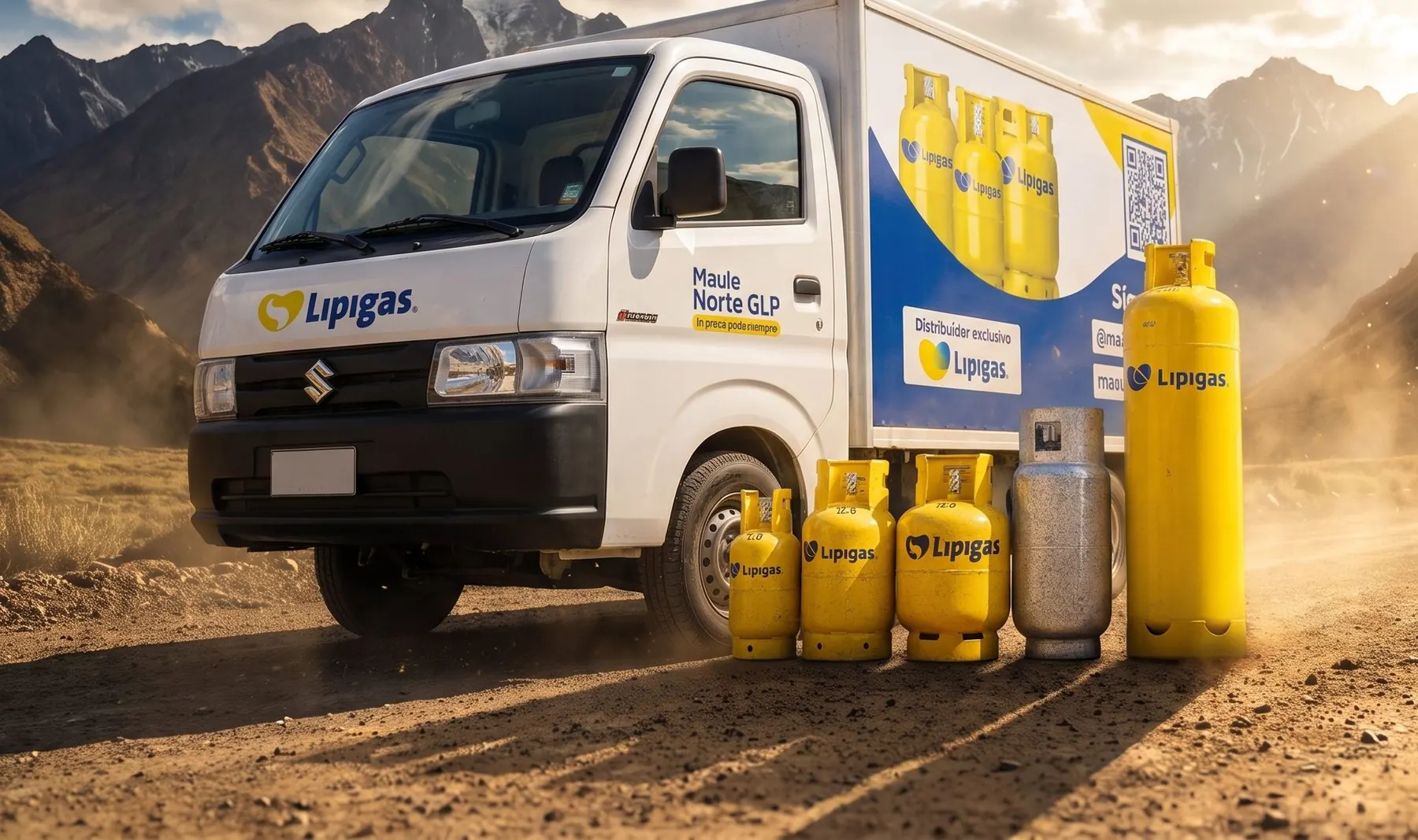 Camioneta de reparto con los balones cargados, en un camino de tierra con la cordillera al fondo.
