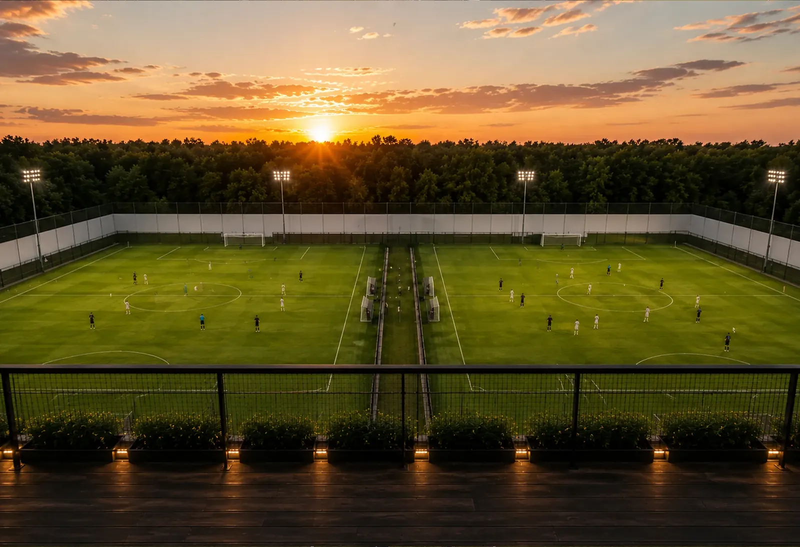 Las dos canchas de pasto natural al atardecer, vistas desde la terraza.