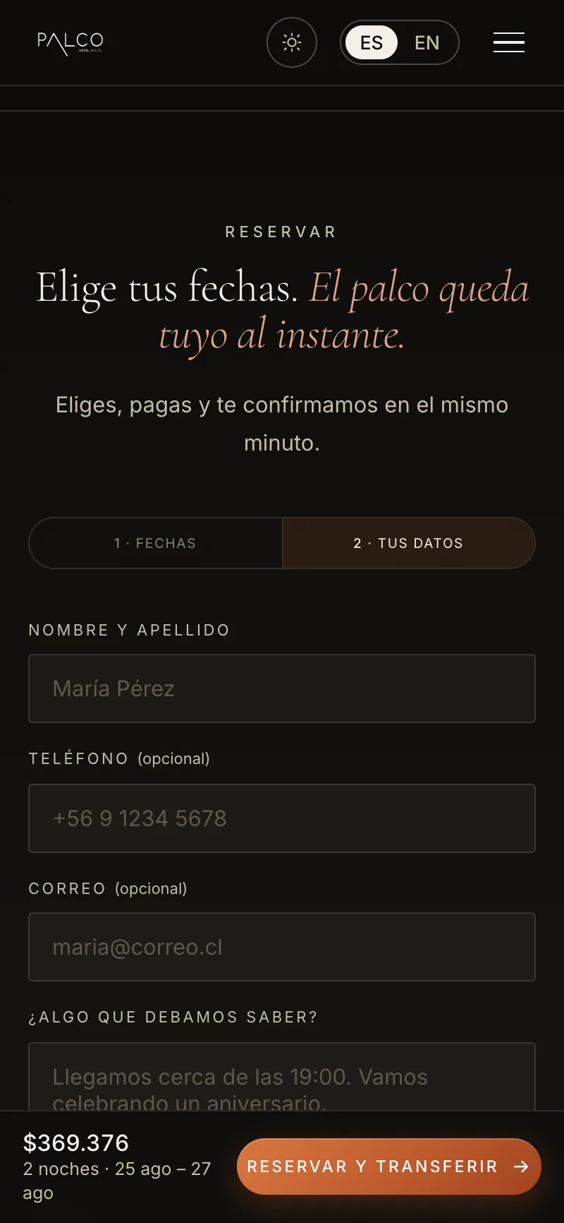 Pantalla del sistema de Palcos de Apalta