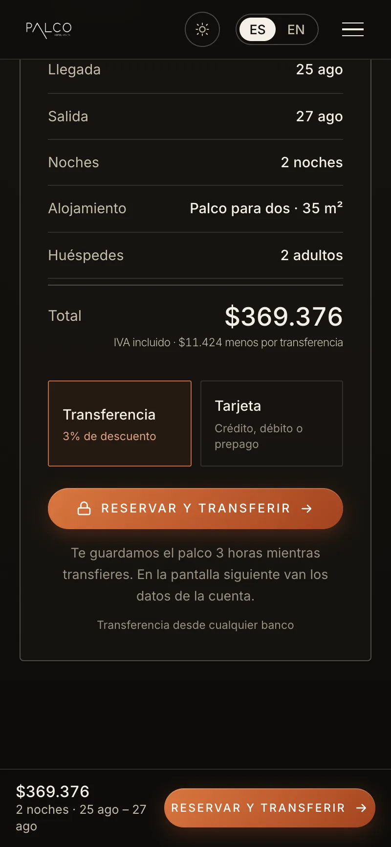 Pantalla del sistema de Palcos de Apalta