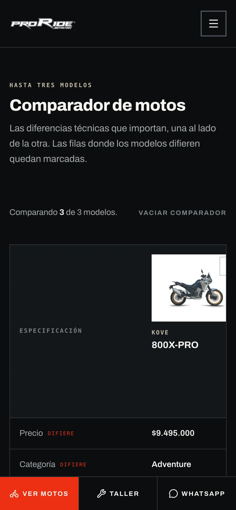Comparador, con tres motos dentro — Proride